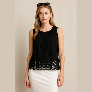 LLANCO Black Eyelet Sleeveless Top Blouse Medium M